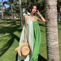 Green condole Bohemian dress seaside holiday beach dress female niche vintage dress summer dress