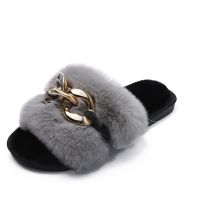 Hot sell Fluffy Fur Slippers 2023 New Women Winter House Warm Furry Chain Slippers Women Flip Flops Home Slides Flat Indoor Floor Shoes