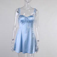 Light Blue Satin Mini Dress High Waist Bandage Spaghetti Strap A-line Sexy Dress Streetwear Patchwork Backless Party Dresses