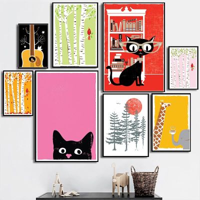 โมเดิร์นแมวดำนกแดงช้างยีราฟผ้าใบจิตรกรรมนอร์ดิกครัวกาแฟบาร์ตกแต่งผนังศิลปะ0822