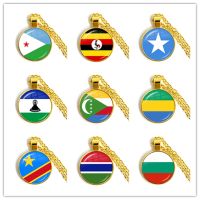 ☊▣♞ DjiboutiUgandaGambiaCongoGabonComorosLesothoSomaliaBulgaria National Flag Glass Cabochon Pendant Necklace Jewelry Gift