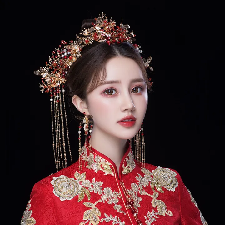 Dress and headdress bride in 2021, new marriage, Chinese-style atmosphere, rockhopper, dragon and phoenix gown, kimono and hair accessories. | Lazada PH Dress and headdress bride in 2021, new marriage, Chinese-style atmosphere, rockhopper, dragon and phoenix gown, kimono and hair accessories. | Lazada PH