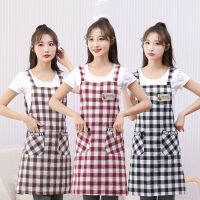 TH XIAOKE ผ้ากันเปื้อนผ้าฝ้ายลินินชุดครัวผ้ากันเปื้อน Creative Ladies Plaid Dining Apron