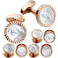 HAWSON Round Cufflinks and Studs for Men Simple Cuff Links with Mother of Pearl Wedding Business Gift with Jewelry box