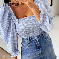 Affogatoo Puff sleeves ruffled smocking blouses women Chic square neck plaid blue boluse shirts spring Casual vintage crop tops