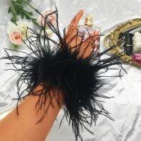 Women Feather Bracelet Cuffs Wrap Stainless Steel Real Fur Ostrich Feather Cuff 2022 Elastic Hair Band Double Layer Feather Fur