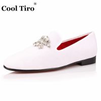 White Velvet Dress Shoes Men Loafers Smoking Slippers Rhinestones Crystal Tassel Party Wedding Flats Casual Shoes Slip Moccasins