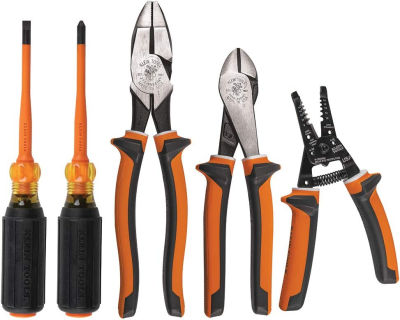 Klein Tools 94130 1000V Insulated Screwdriver Tool Set with #2 Phillips and 1/4-Inch Cabinet Slim Tips, 2 Pliers and Wire Stripper