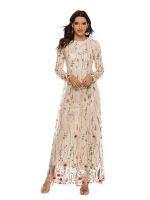 Floral dress long sleeve dinner gown party rope flower dresses gala Embroidered Dress European and American Dubai Sweet Flowers Lace Long Dress 21002