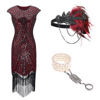 1920S Gatsby Sequin Fringed Paisley Vintage Beaded Flapper Party Dress With 20S Accessories Set Plus Size (ดำขาวน้ำเงินแดง)