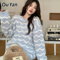 Du Yan เสื้อแขนยาวย้อนยุคเสื้อกันหนาวถักลายทางกลวง