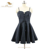 Sishion ผู้หญิงลายสก๊อตมินิสั้นเซ็กซี่ชุด WF0200สีเทา Lace Up Punk Goth Gothic dresses