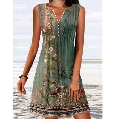 【YF】 Summer V Neck Floral Printed Dress for Women Vinatge Casual Loose Fit Sleeveless Comfortable Elegant Beach T Shirt