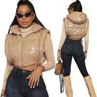 ✖ Leosd Side Slit Hooded Puff Jacket Vests Bandage Up Crop Streetwear