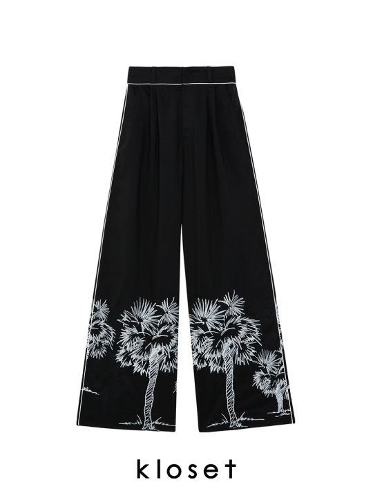 kloset-sugar-palm-embellished-wide-leg-pants-ss22-p005-กางเกงขายาว-กางเกงผ้าปักลาย-กางเกงผู้หญิง-กางเกงแฟชั่น