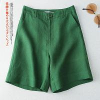 Linen Solid Casual Pocket Button High Waist Wide Leg Womens Shorts Korean Fashion Loose Straight 2023 Summer Suit Shorts Women