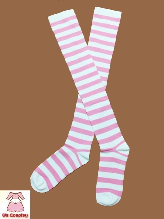 ถุงเท้าโกธิคโลลิต้าพังค์ ยาวเหนือเข่า สีขาวชมพู  Pink &amp; White Over Knee High Socks