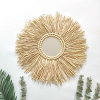 INS Nordic Round Woven Raffith Straw Mirror Moroccan Wood Beads Hanging Makeup Mirrors Wall Ornaments Homestay Home Decor Crafts