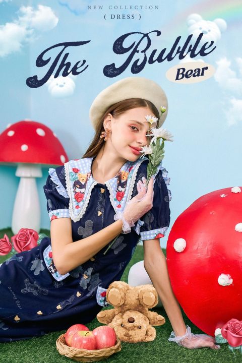 the-bubble-bear-dress-เดรสยีนส์พิมพ์ลายหมี-กระดุมหมีน่ารัก-เดรสยีนส์ยาวลายหมี