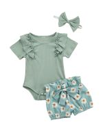 0-3Y 3pcs Baby Girls Clothes Sets Ruffles Short Sleeve Solid Romper Sunflowers Shorts Headband Summer Clothing  by Hs2023