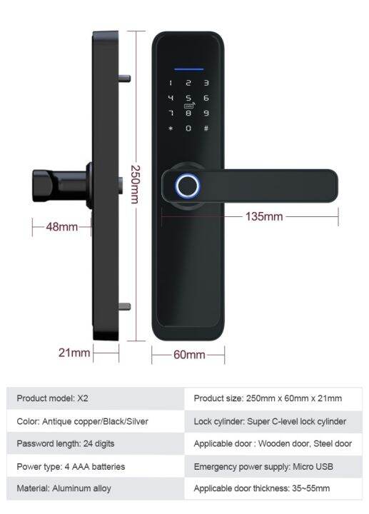 x2ล็อครหัสผ่านโดยใช้ลายนิ้วมือสมาร์ทล็อคอิเล็กทรอนิกส์แบบดิจิตอลล็อคปลดล็อคประตูรีโมทแอปล็อคได้โดยบลูทูธ-wifi-ttlock-ใช้งานได้กับบลูทูธ