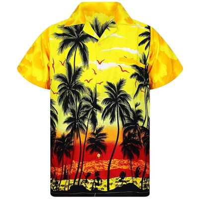 เสื้อ3d โอเวอร์ไซส์สำหรับผู้ชายเสื้อเสื้อเชิ้ตผู้ชายชายหาดแขนสั้นพิมพ์ลายต้นมะพร้าวเสื้อฮาวายสำหรับผู้ชาย