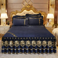 Luxury Bedspread on The Bed European Royal Blue Crystal Velvet Lace Embroidery Bedskirts Sheet Pillowcases Home Textiles