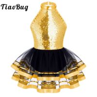 ◘ Halter Sequins Ballet Tutu Dress Kids Girls Latin Jazz Modern Dancing Costume Gymnastics Leotard Unitards Performance Dancewear