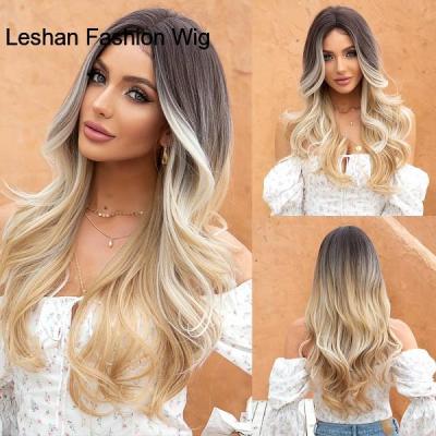 Long Natural Wave Synthetic Wigs for Women Ombre Dark Brown to Golden Blonde Highligth Wig Middle Part Heat Resistant