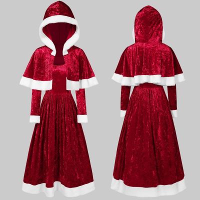 [Cos imitation] Miss Santa Claus ชุดคอสเพลย์สีแดง2ชิ้นแขนยาว A-Line ชุดคลุมด้วยผ้าผ้าคลุมไหล่ชุดปาร์ตี้คริสต์มาสชุดสำหรับผู้หญิง