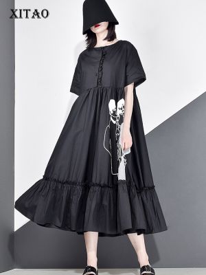 XITAO Dress Folds Patchwork Print Women Casual Shirt Dress