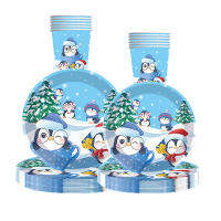 8แขกการ์ตูนเพนกวิน Tableware ฤดูหนาวคริสต์มาสแผ่นผ้าเช็ดปาก Merry Christmas Decor Xmas Tree Happy Birthday Decor