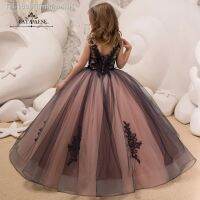 ❧℗❧ jfmkfmdm FATAPAESE-Vestido de renda preta para crianças florista formal dama honra casamento concurso aniversário Natal