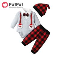 ₪ PatPat Christmas 3pcs Baby Boy 95 Cotton Long sleeve Santa Badge Bow Tie Romper and Red Plaid Pants with Hat Set