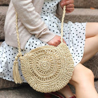 Summer Hollow Out Straw Bag Women Round Beach Bag Weave Crossbody Bag Vacation Tassel Handbag Handmade Weave Shoulder Bag Bolso