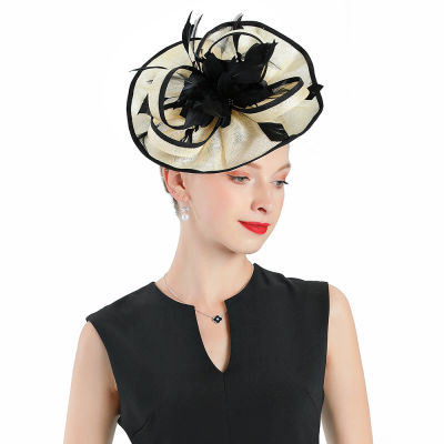 Women Fascinator Church Hat for Weddings Fedoras Beige Linen With Black Feather Flower Cap Tea Party tail Prom Bonnet Hats