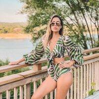 Long Sleeve High Waist V-Neck Two Pieces Swimsuit Sets 2022 Women Green Printed Mesh Lantern Sleeve Knot Split Swimwear