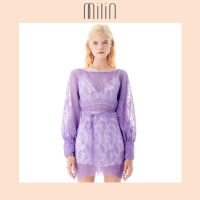 [MILIN] String tie waist detail Bateau neckline Floral lace bubble sleeve mini dress เดรสแขนยาวผ้าลูกไม้คอปาดไหล่มีสายผูกเอว สีแดง สีม่วง Guang Jin