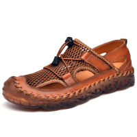 2021Summer Mesh Men Sandals Breathable Genuine Leather Casual Shoes Men Beach Sandals Handmade Outdoor Mens Slippers Plus Size 38-46