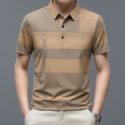 HOT11★BROWON Brand Business Cal Men T Shirt 2023 New Summer Short Sleeve Thin Tees Tops Striped Print Turn-Down Collar Men Clothes