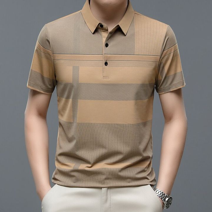 hot11-browon-brand-business-cal-men-t-shirt-2023-new-summer-short-sleeve-thin-tees-tops-striped-print-turn-down-collar-men-clothes