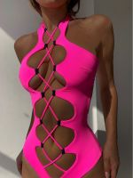 y Solid Color Halter Swimsuit Women Push Up Hollow Out Bikini Swimwear Female Cross Bandage Bathing Suit Biquini