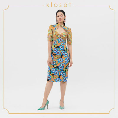Kloset Mixed Printed Midi Dress (AW20-D005)เสื้อผ้าผู้หญิง เสื้อผ้าแฟชั่น เดรสแฟชั่น เดรสผ้าพิมพ์