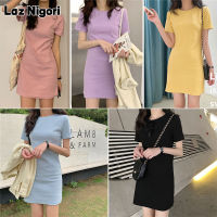 Laz Nigori เสื้อยืดแขนสั้นสไตล์เกาหลี,ชุดกระโปรงยาวปานกลางสีพื้นทรงสลิม