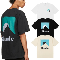 New Fasion Classic Sunset Logo Print Rhude T Shirt Men Women EU Size 100 Cotton Haikyuu Skateboard Rhude Top Tees