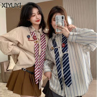 XIYUYI เสื้อเชิ้ตนักเรียนทรงหลวมชุดเพื่อนรักเสื้อเชิ้ตทรงหลวมเสื้อเชิ้ตมีลายสไตล์มหาลัยใหม่