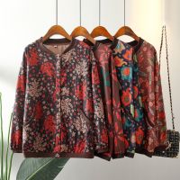 Big Size 3XL-8XL Womens Long Sleeved Button Up Floral Printed Autumn New Cardigans Oversized Fashion Vintage Female Outerwear with Pockets