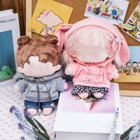 20CM Plush Doll Tops Sweatshirt Bunny Ears Pocket Hoodies 1/12 Doll Overalls Cartoon Bear Jeans Pants For 1/11BJD Doll Clothes