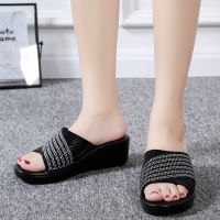 Genuine Leather Womens Shoes Summer Platform Sandals Plus Size Rhinestone Casual Wedges Slippers Slides