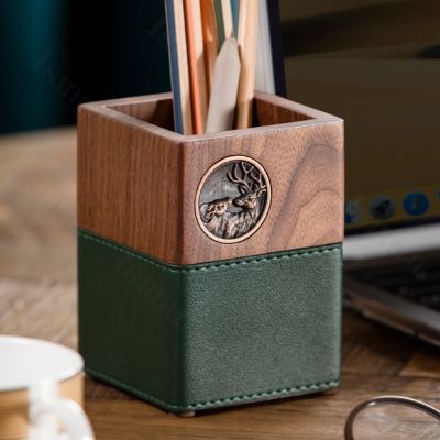 Simple Wooden Desk Organizer Pen Holder Nordic Elk Relief Home Office Desk Accessories Dresser Desktop Cosmetic Storage Box
